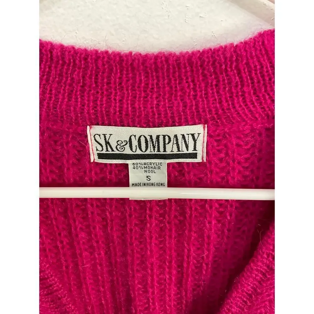 VTG 90s SK & Co Pink Cropped Mohair Wool Sweater Cardigan Sz Small Button Close